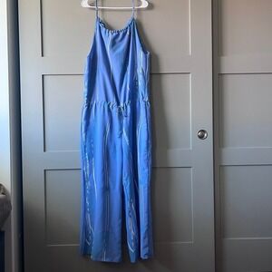 Kaulua'e Women Large Blue Floral Wide Leg Jumpsuit Hawaiian Aloha Tropical Beach